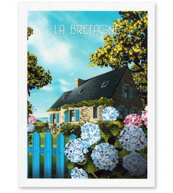 AFFICHE Bretagne, Maison et Hortensias (30 x 40 cm)